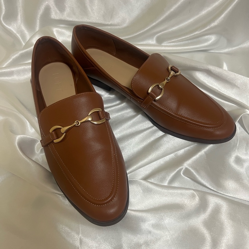 LOFT Brown Leather Loafers with Gold Accent